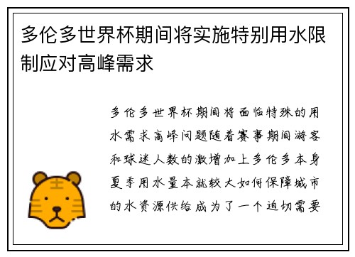 多伦多世界杯期间将实施特别用水限制应对高峰需求